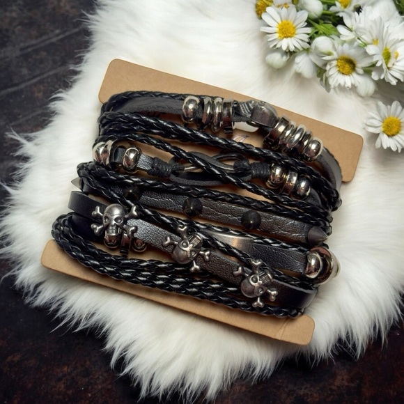 Black Braided Corded Goth Skull Wrap Stackable Adjustable Bracelets Set of 5 - Picture 1 of 9